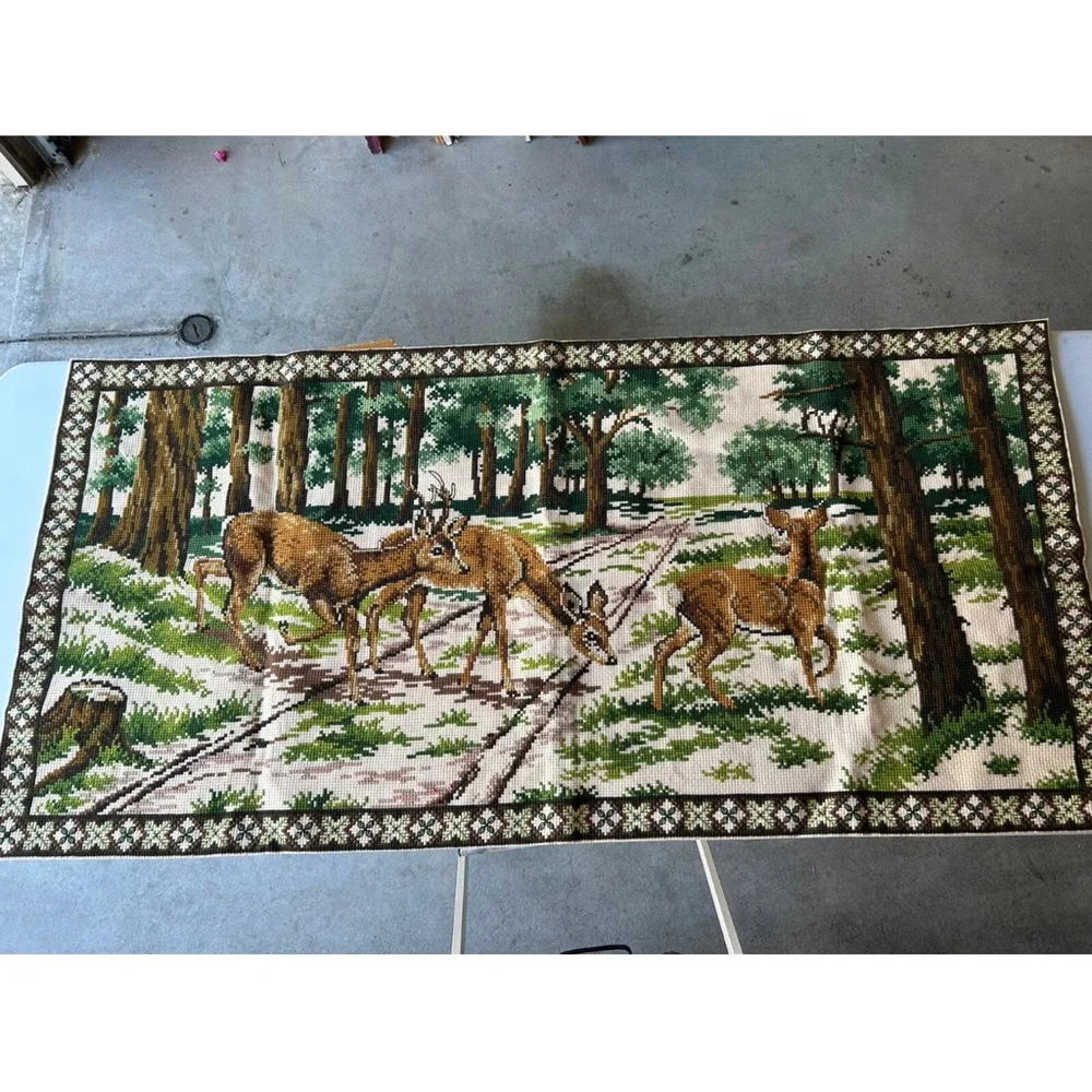 Vintage Needlepoint Cross Stitch Needlework Wall Art. 29” x 60”. Cabinet Decor